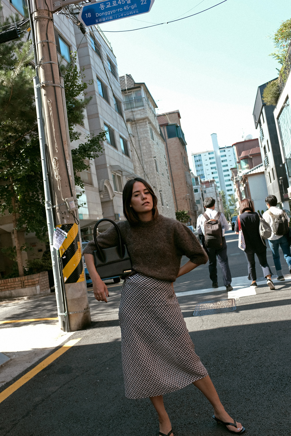 Favorite Outfit 9: Alpaca wool sweater – Edited the label. Gingham skirt – & Other Stories. Heeled Flip Flops – Totême. Le Grand Chiquito bag – Jacquemus