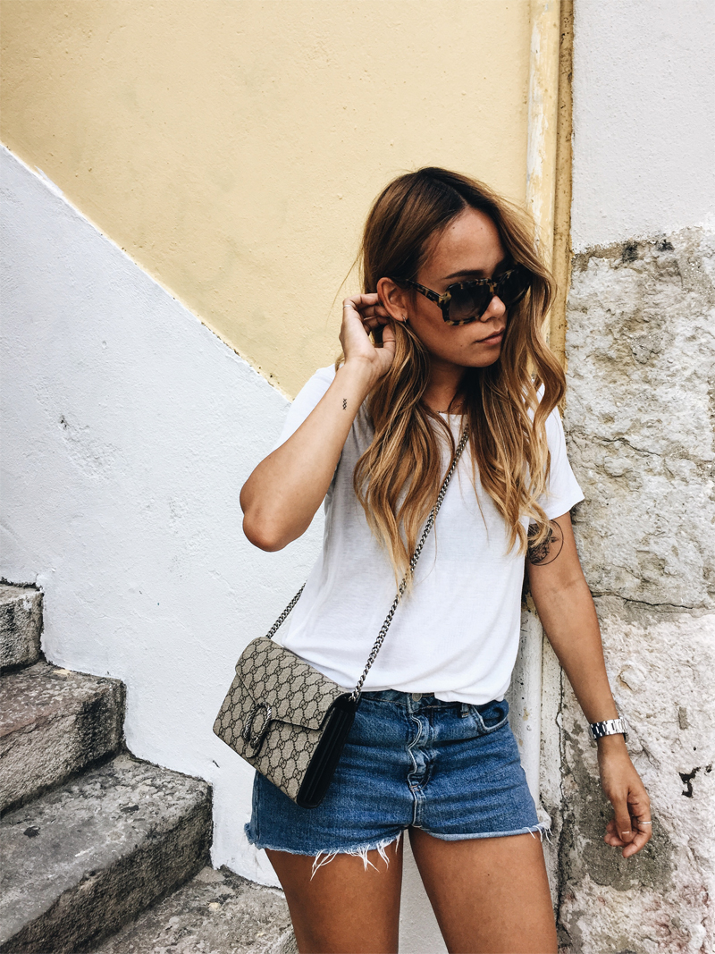 Our Summer Outfits in Lisbon: Wearing Gucci Dionysus GG Supreme Mini Bag, white t-shirt, denim ...