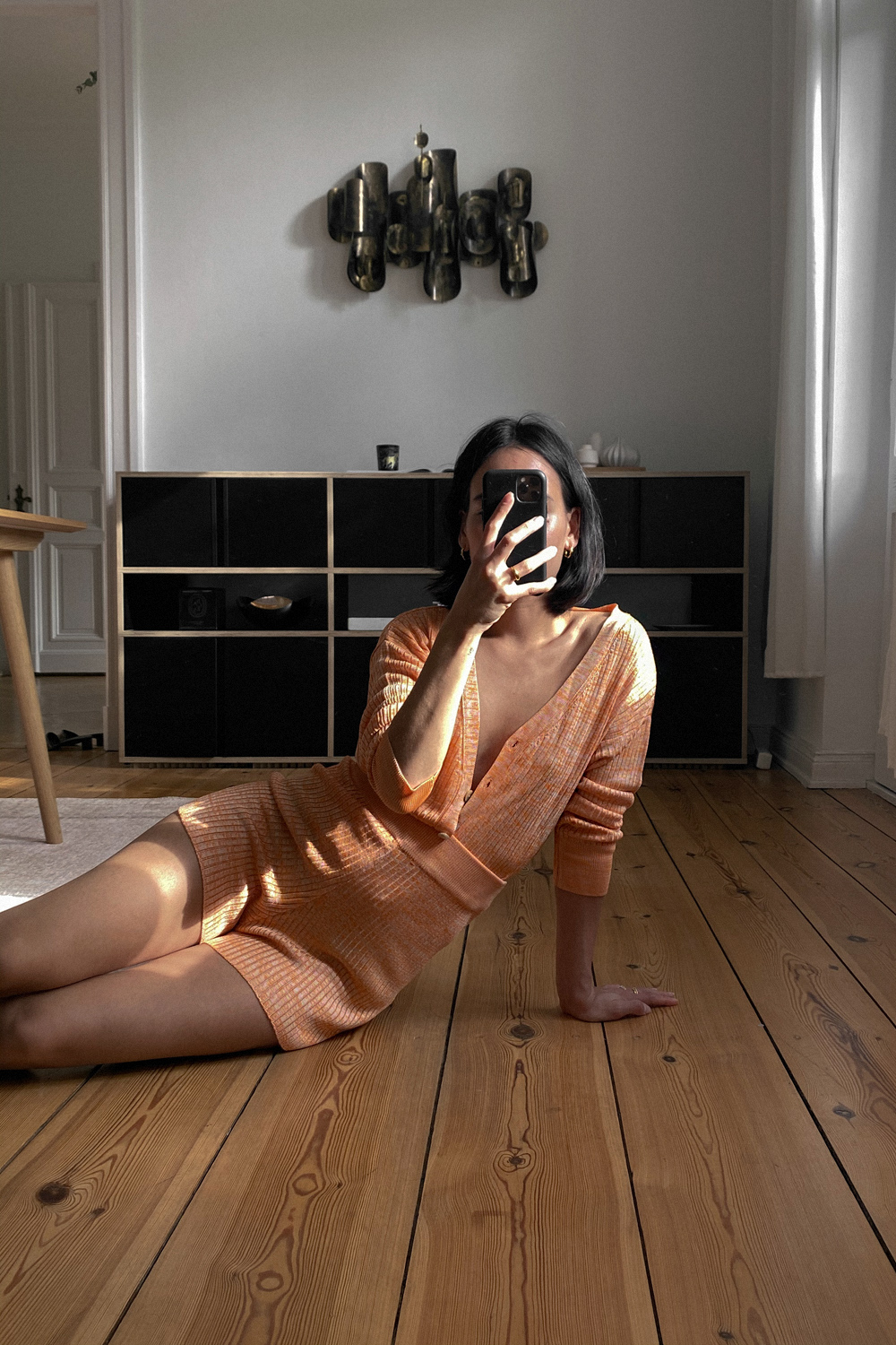 Orange rib knit shorts – EDITED the label, Orange rib knit cardigan – EDITED the label, Gold L’Or Liquide earrings – by teetharejade