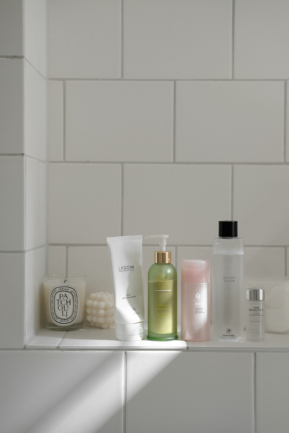 Skincare Routine: cellup micro foam cleanser LAGOM, regenerating cleanser TATA HARPER, solution GLOSSIER, beauty water SON & PARK, time revolution essence MISSHA