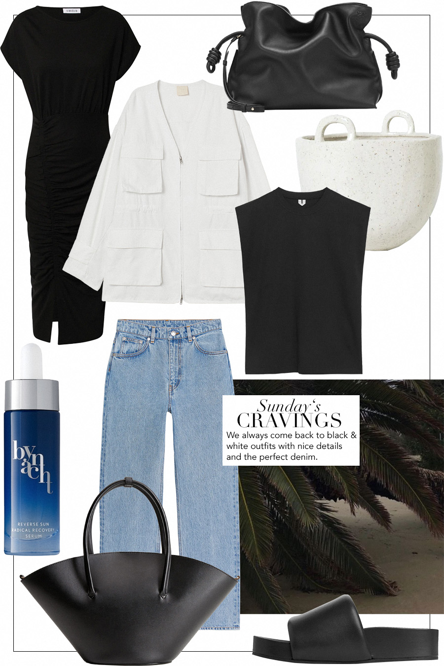 Sunday's Cravings: Cathleen dress EDITED THE LABEL, Twill jacket H&M, Flamenco Knot clutch LOEWE, Speckled flower pot FERM LIVING, Straight-fit tank top ARKET, Reverse sun radical recovery serum BYNACHT, Straight cropped jeans ARKETY, Bucket bag MANGO, Leather slides ARKET