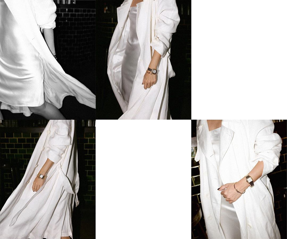 Nisi is wearing: White trenchcoat – Massimo Dutti, White silk dress – Refine, Mini hoops – Missoma, Just Un Clou bracelet & Panthère watch – Cartier