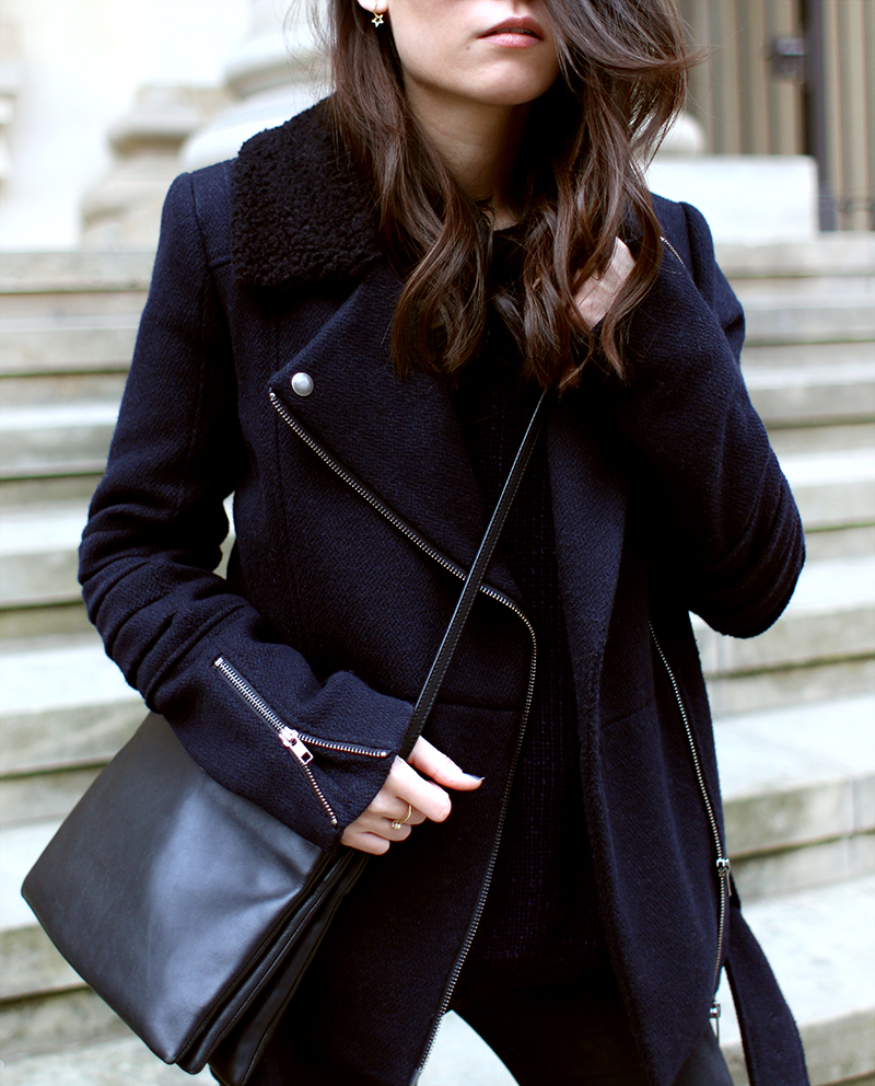 Nisi is wearing: Céline Trio Bag, Acne Jensen Boots, Biker Jacket, Mirrored Sunglasses