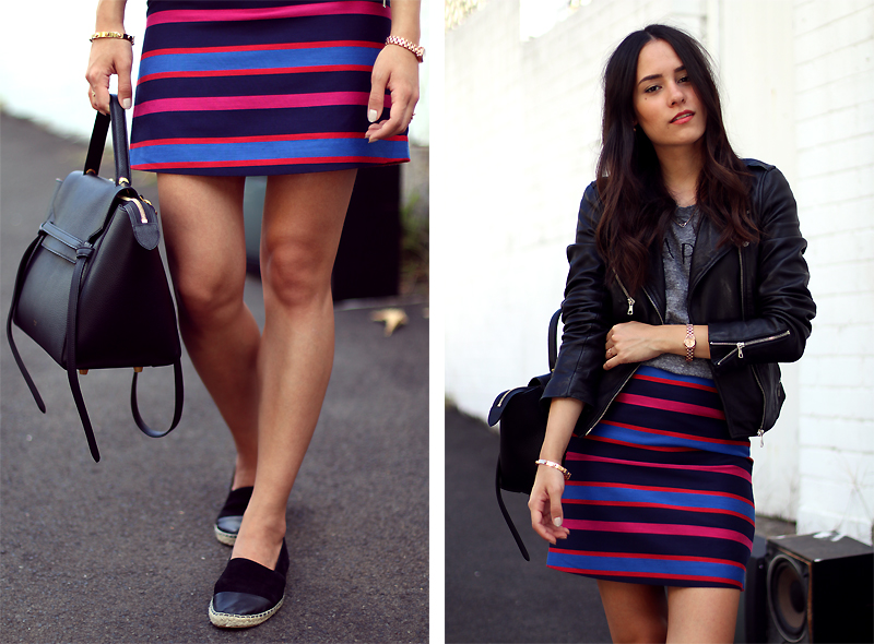 Nisi is wearing: Marc's Striped Skirt, Zara Leather Jacket, Le Specs Mirrored Sunglasses, Topshop Espadrilles and Céline Belt Bag Mini