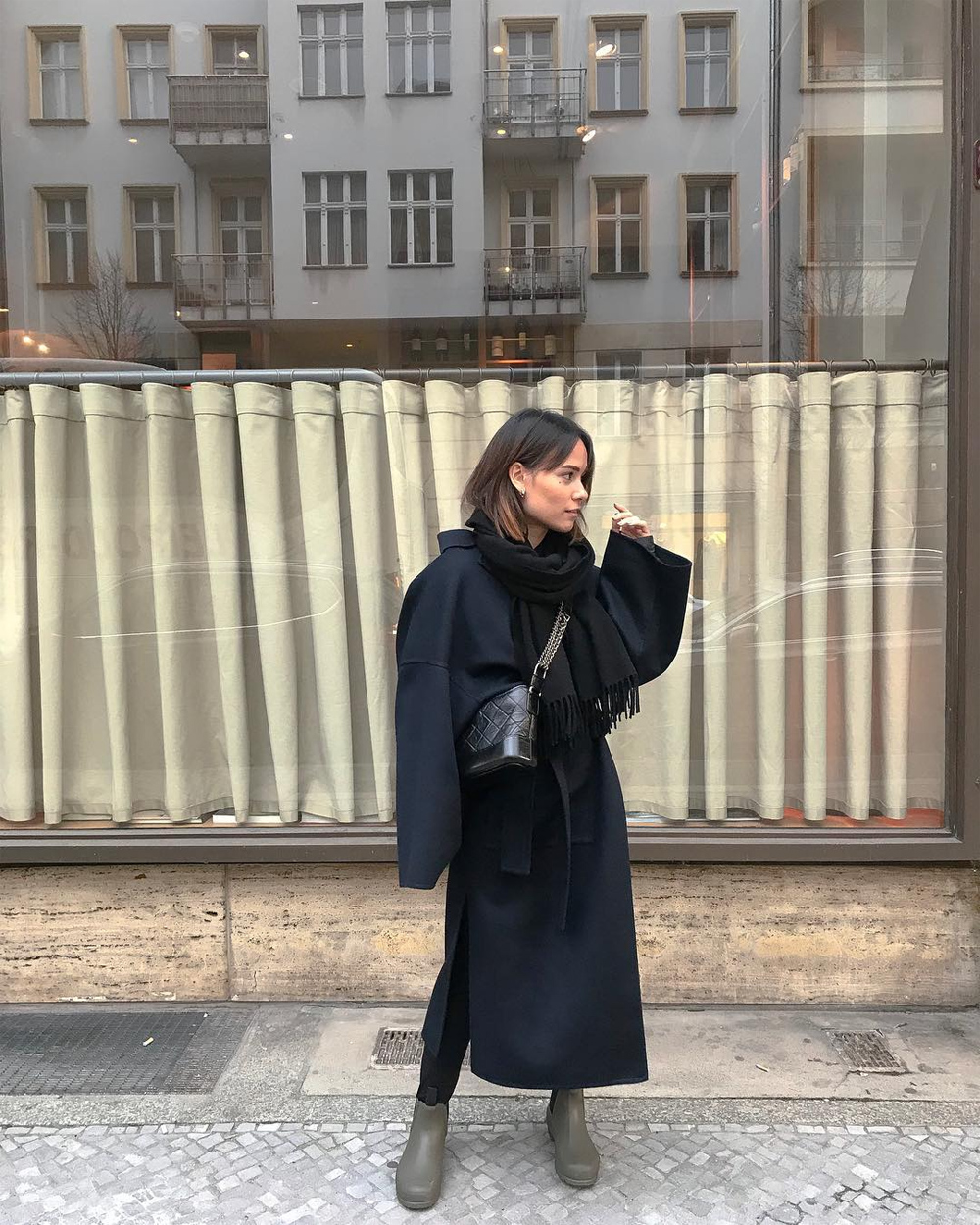 Favorite Outfit 2: Navyblue coat – Loewe. „Canada“ scarf – Acne Studios. Gabriell“ bag – Chanel. Rubber boots – Hunter