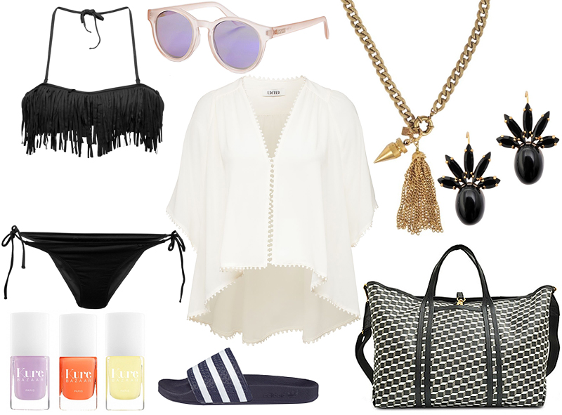 Craving a beach look with fringed bikini, white kimono jacket, Pierre Hardy shopper and striped sliders