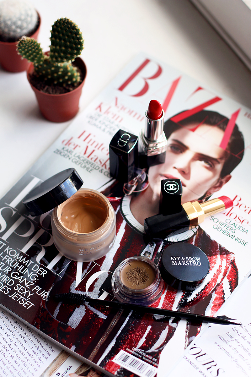 New High-end Beauty Favourites, For Lips Brows and Face, Dior Lipstick Nr.844 Trafalgar, Chanel Lipstick Nr.97 Désinvolte, Giorgio Armani Eye & Brow Maestro Nr.04 Ambre, Sensilis Lift Lifting Effect Cream Make Up Nr.03 Noix