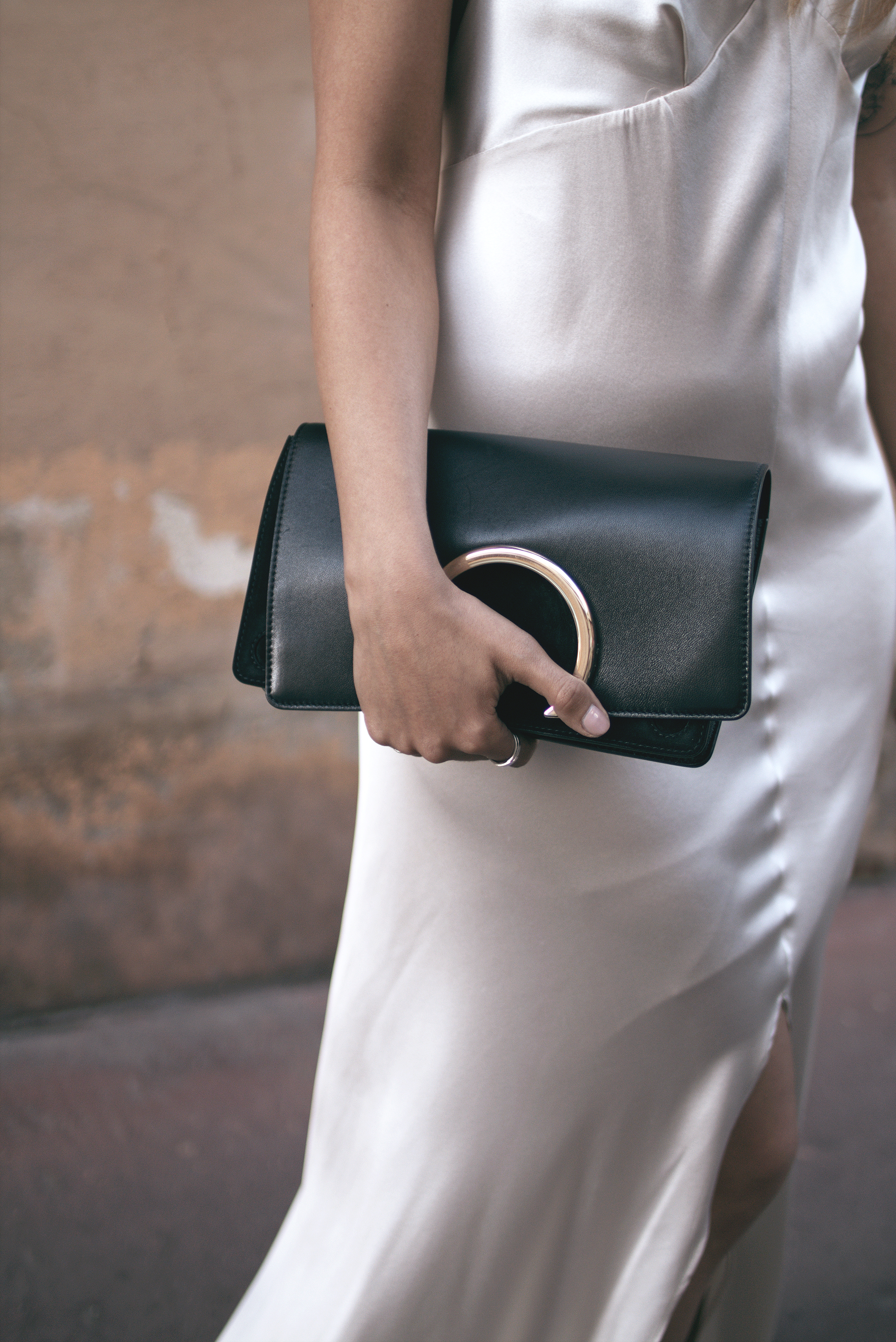 Red Carpet Look for the Cannes Film Festival: silk dress with slit, Chloé clutch, earrings, Jimmy Choo Momento Tizzy heels