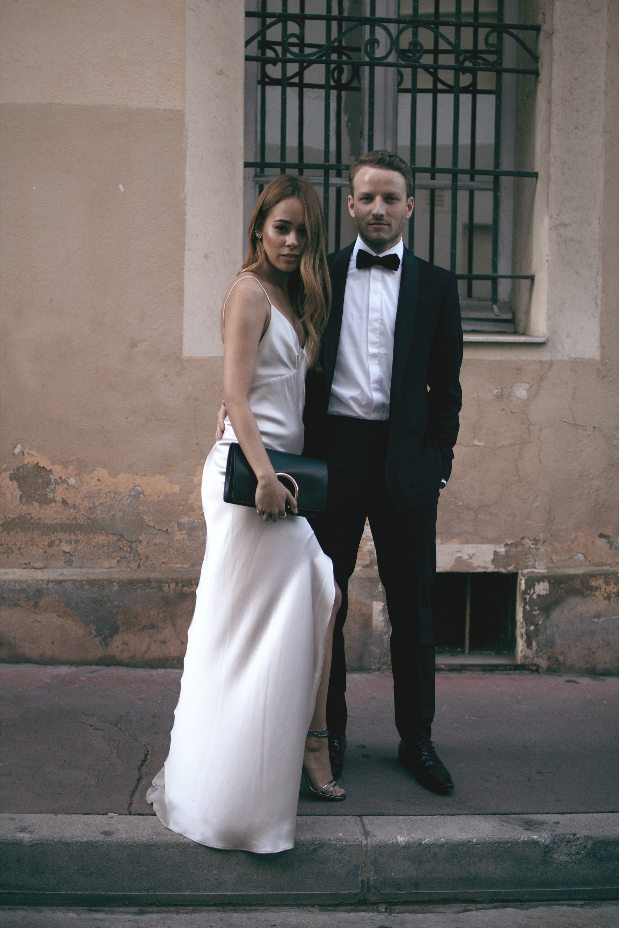 Red Carpet Look for the Cannes Film Festival: silk dress with slit, Chloé clutch, earrings, Jimmy Choo Momento Tizzy heels