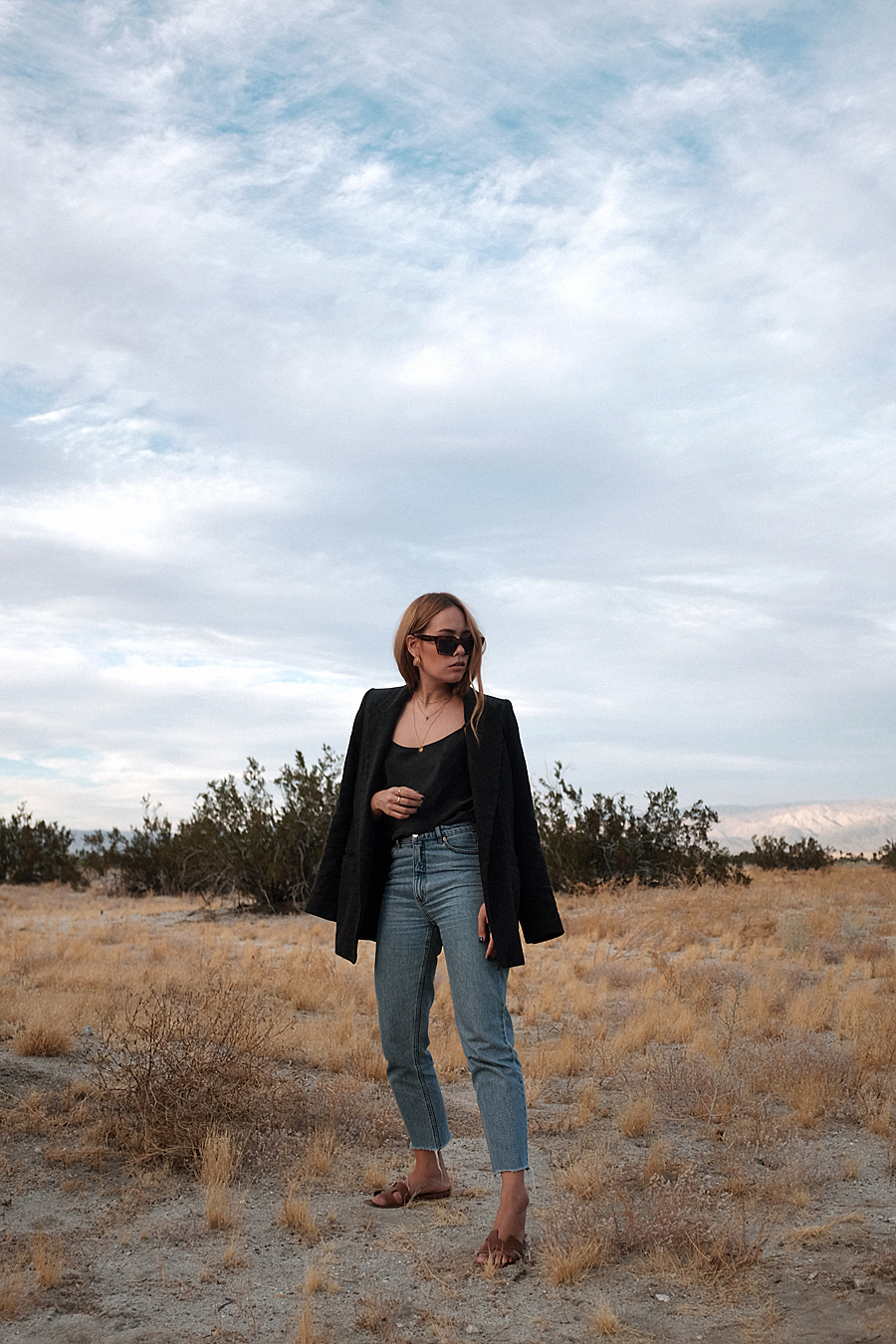 Outfit: Caping up that Blazer. Desi is wearing: Silk top, Blazer, Denim Mom jeans, Sandals, Céline Sunglasses, Brie Leon Earrings, Missoma Shark tooth necklace