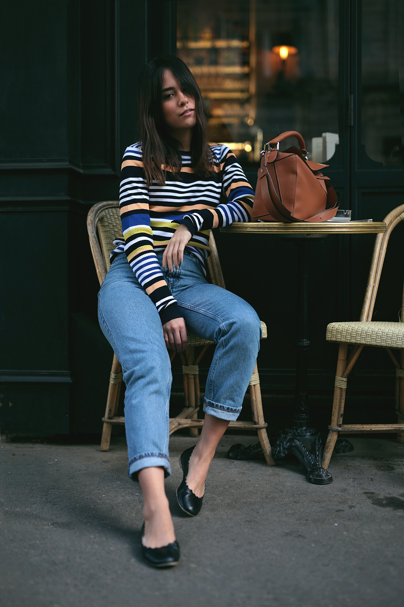 Nisi wearing Loewe Puzzle Bag, Chloé Lauren Flats, Monki Mom Jeans and Zara Striped Longsleeve