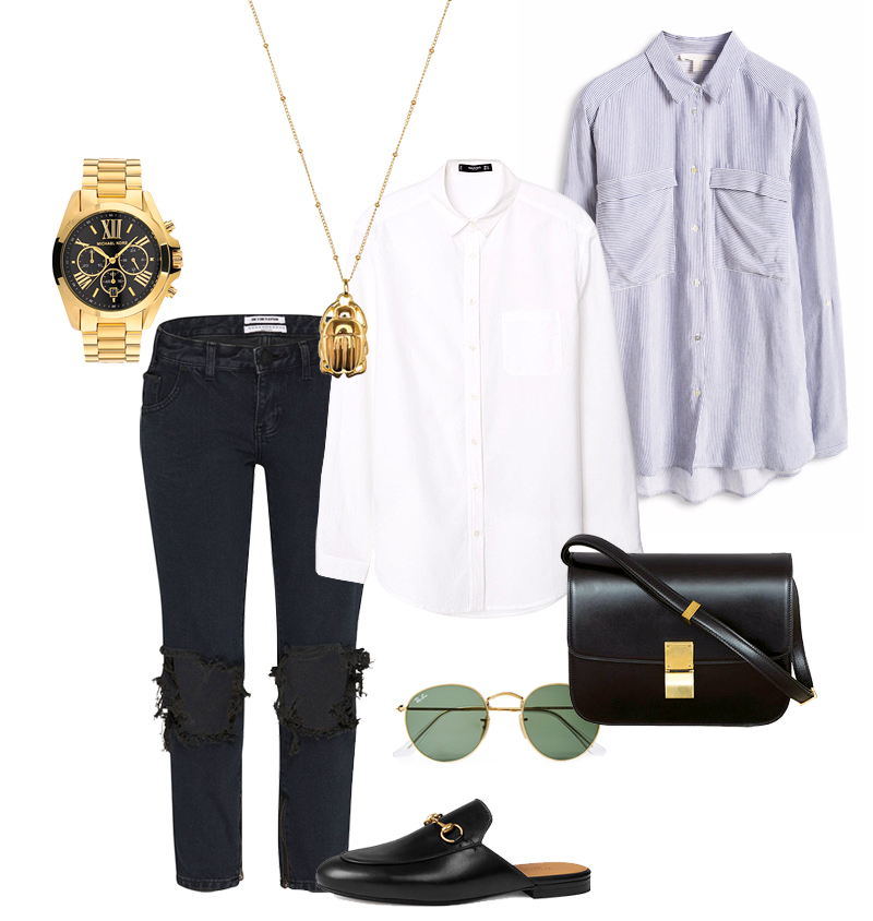 Sunday's Cravings: Boy Vibes. Céline Box bag, Gucci Princetown Slipper, Ray-Ban Round Metal sunglasses, Boyfriend jeans, striped shirt, white shirt, Michael Kors Watch, Nina Kastens necklace