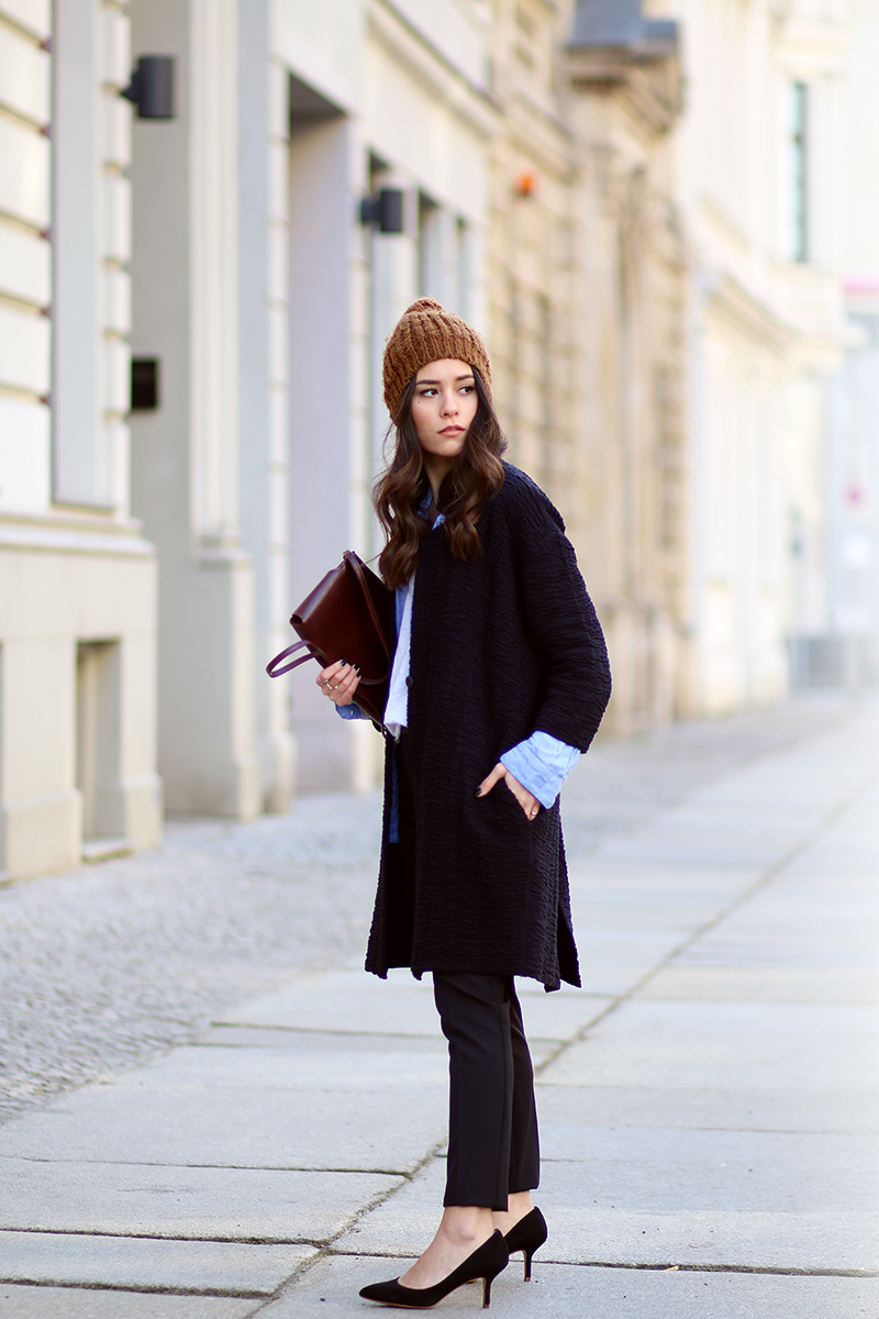 Cigarette Trousers, Tailored Pants, Unbuttoned Shirt, Beanie